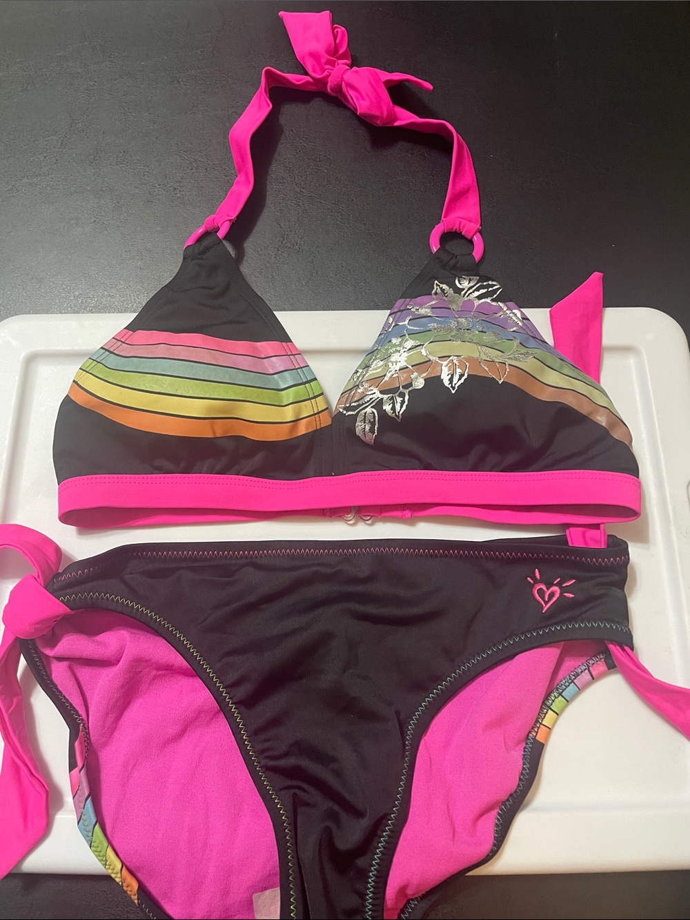 Justice 2pc Black & Hot Pink Striped Bikini 👙 NWOT Sz. 12 ( runs small )